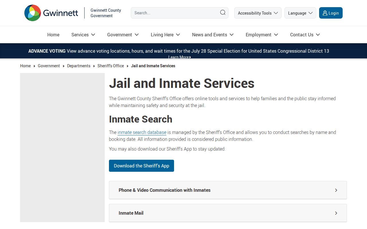 Gwinnett Sheriff inmate services page