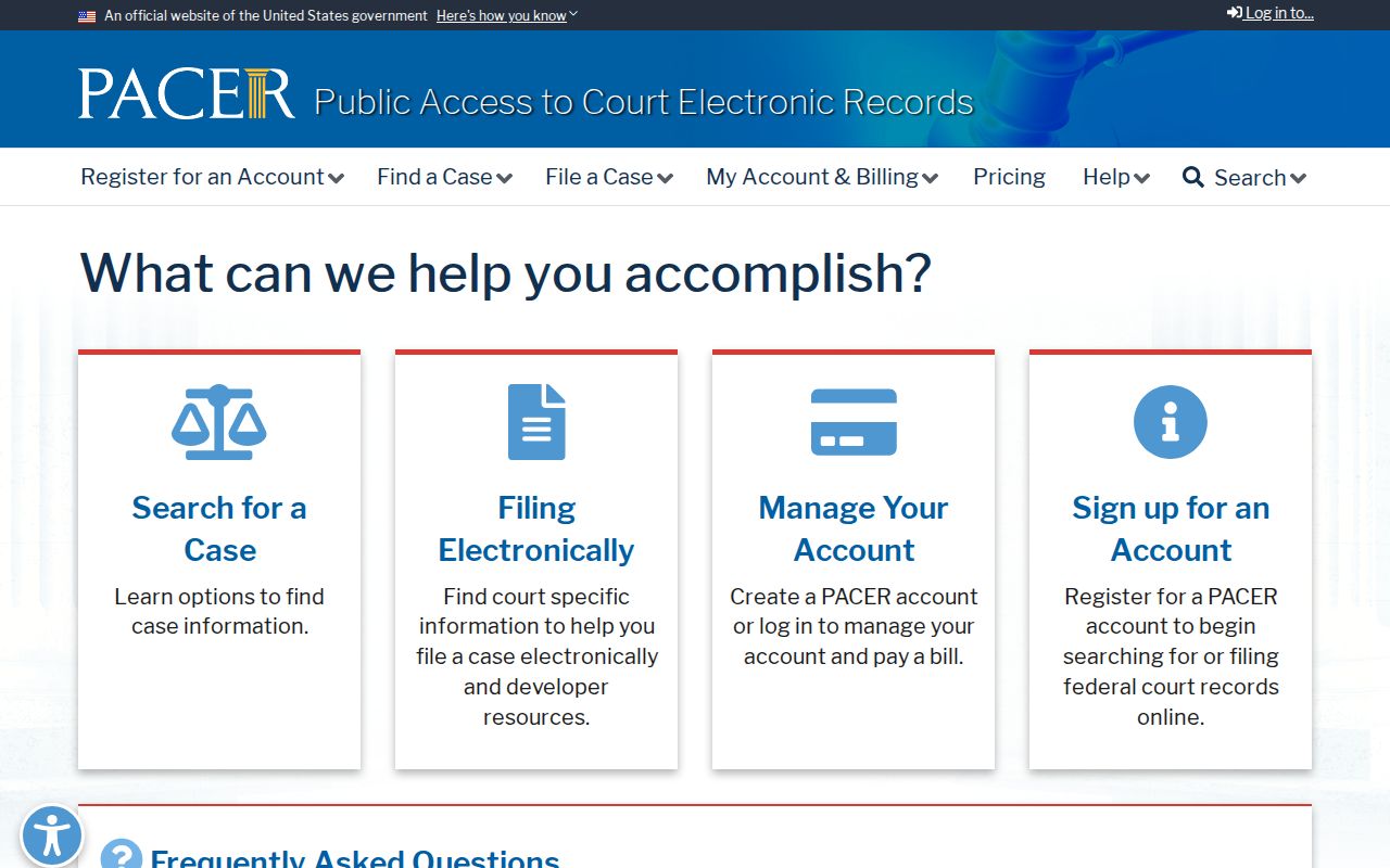 PACER federal court records access page