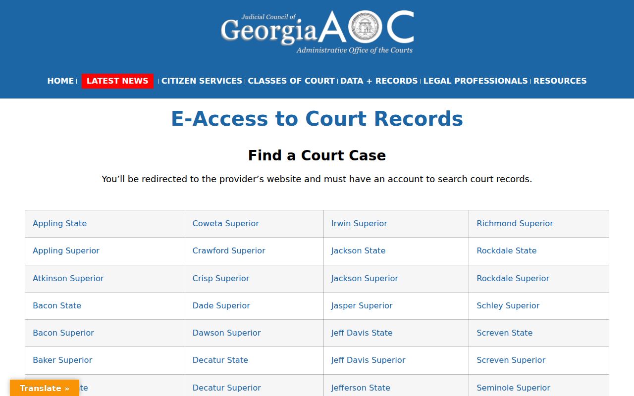 Georgia courts electronic court-record access page