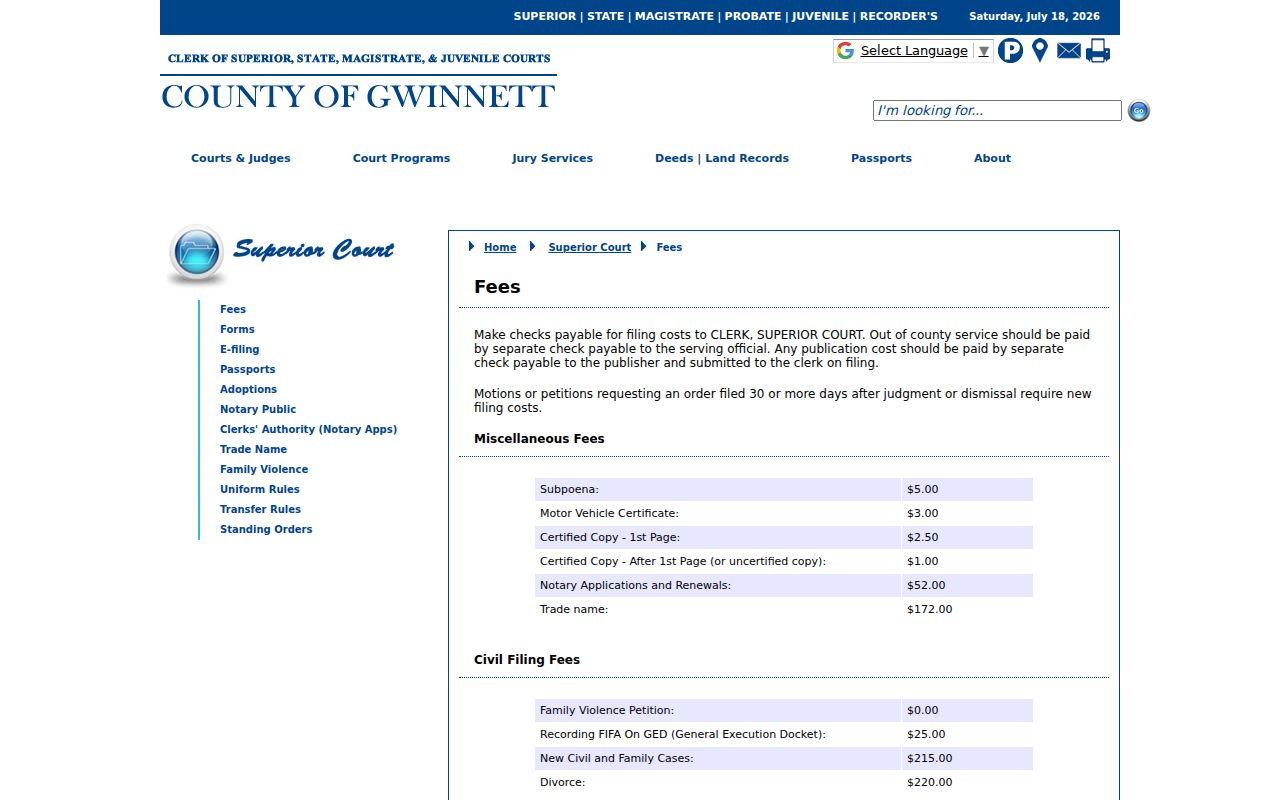 Gwinnett Superior Court published copy fees