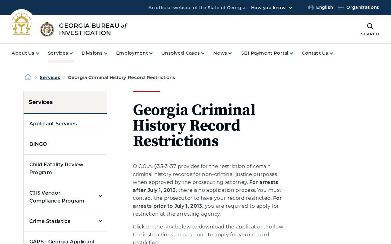 GBI Georgia criminal history record restriction information